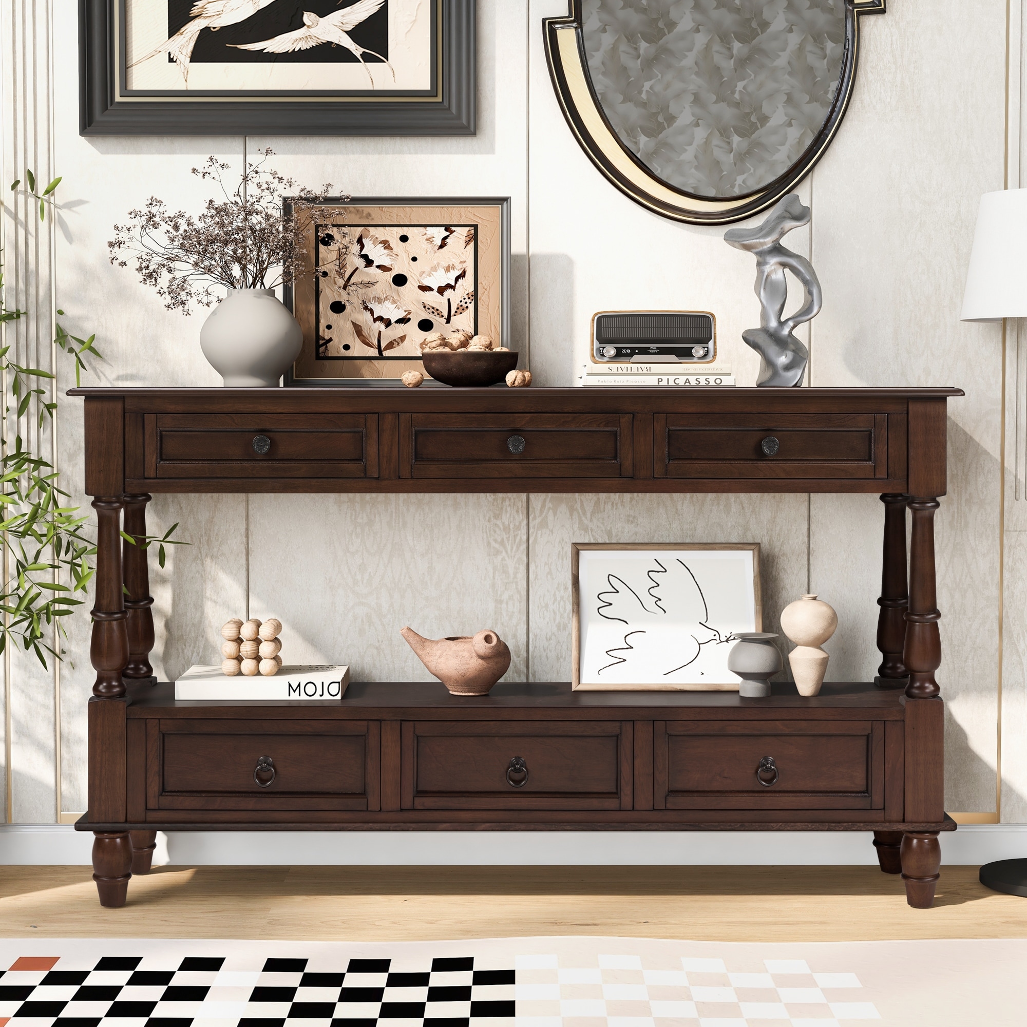 54" Solid Wood Console Table with 6 Drawers & 2-Tier Shelf, Double-Decker Entryway Table