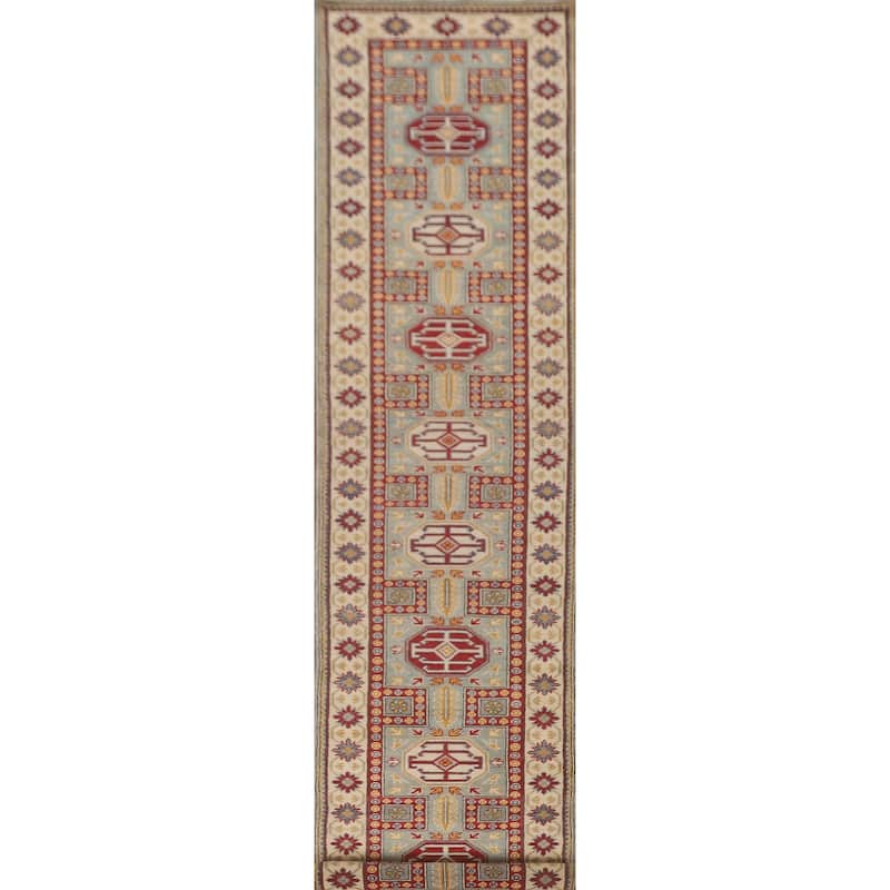 Geometric Kazak Runner Rug Hand-Knotted Wool Carpet - 2'8" x 13'6"