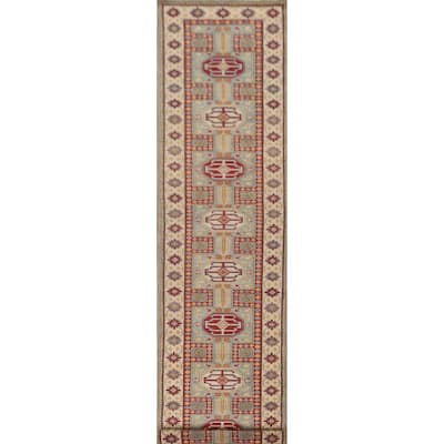 Geometric Kazak Runner Rug Hand-Knotted Wool Carpet - 2'8" x 13'6"