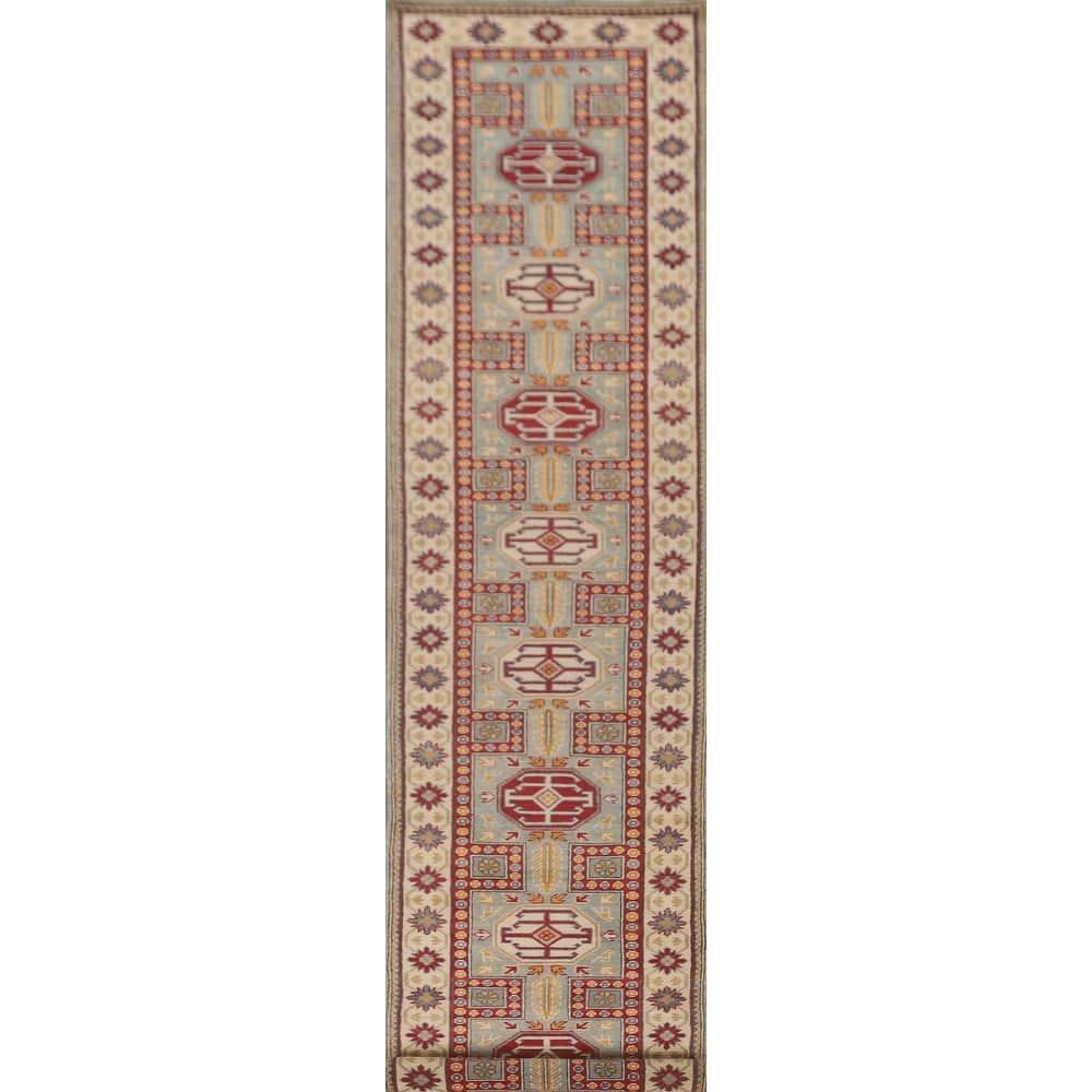 Geometric Kazak Runner Rug Hand-Knotted Wool Carpet - 2'8" x 13'6"