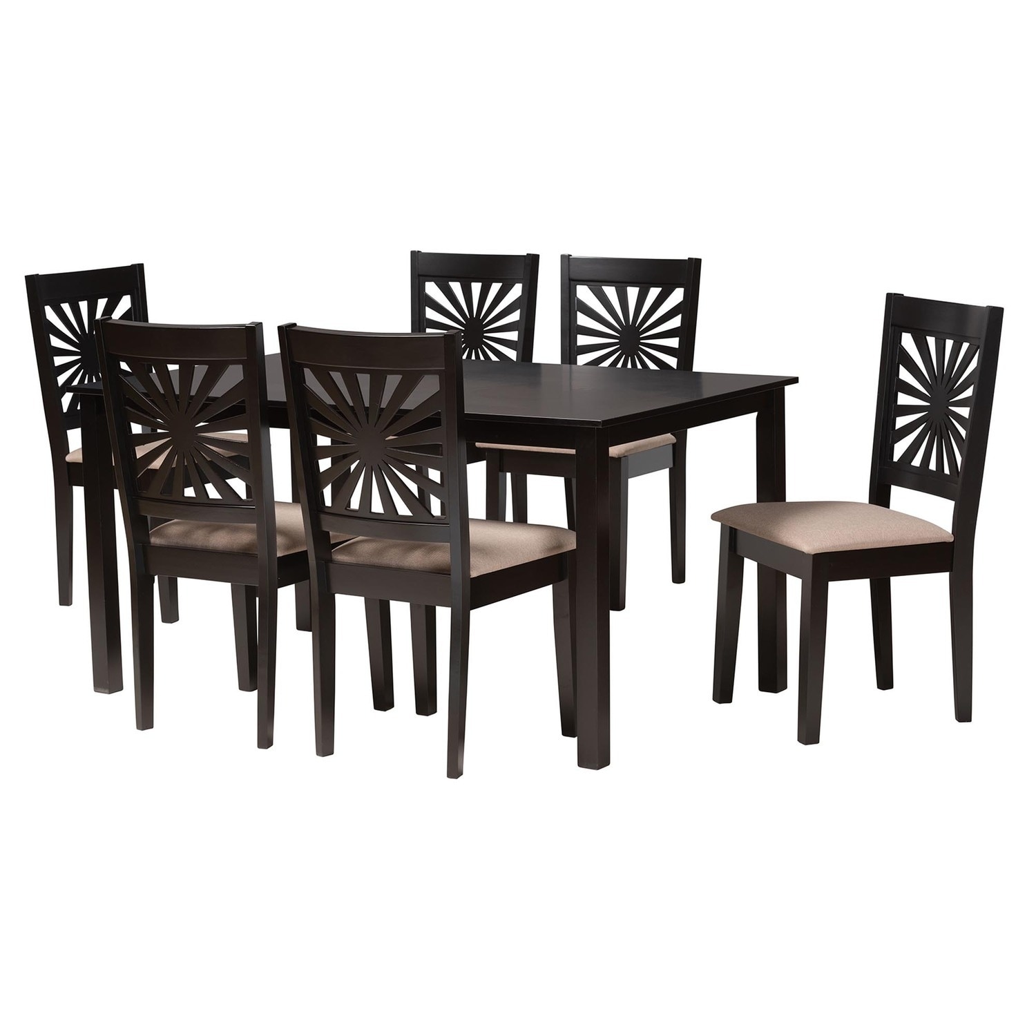 Modern 7-Piece Dining Set - Beige Fabric & Espresso Wood Table & Chairs