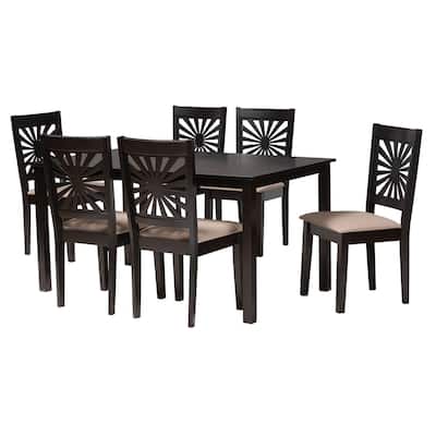 Modern 7-Piece Dining Set - Beige Fabric & Espresso Wood Table & Chairs