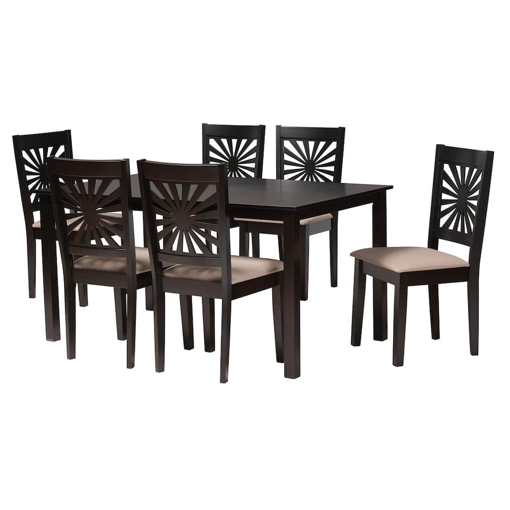 Modern 7-Piece Dining Set - Beige Fabric & Espresso Wood Table & Chairs