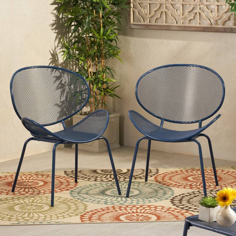 Roomfitters Elba Outdoor Curvaceous Iron Patio Chairs with Slat Design, Modern Metal Armchair, Set of 2