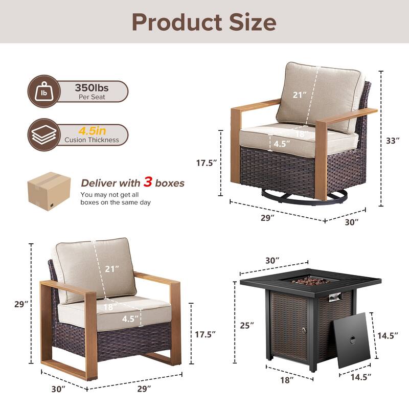 Meyreso 5-Piece Wicker Patio Conversation Set with Metal Fire Pit & Plush 4.5" Olefin Cushions