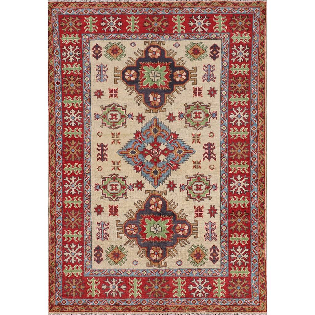 Traditional Kazak Area Rug Handmade Beige Geometric Wool Carpet - 3'11" x 5'11"