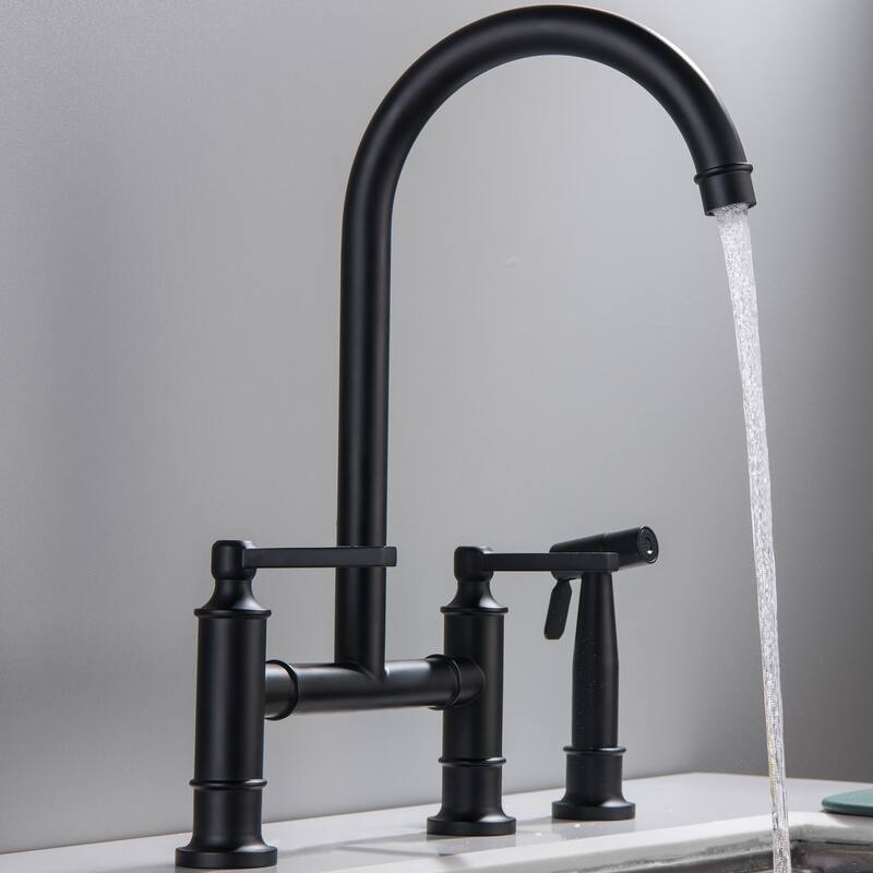 Farmhouse 2-Handle Bridge Gold/Black Kitchen Faucet with 28'' Side Sprayer in Stainless Steel & Brass