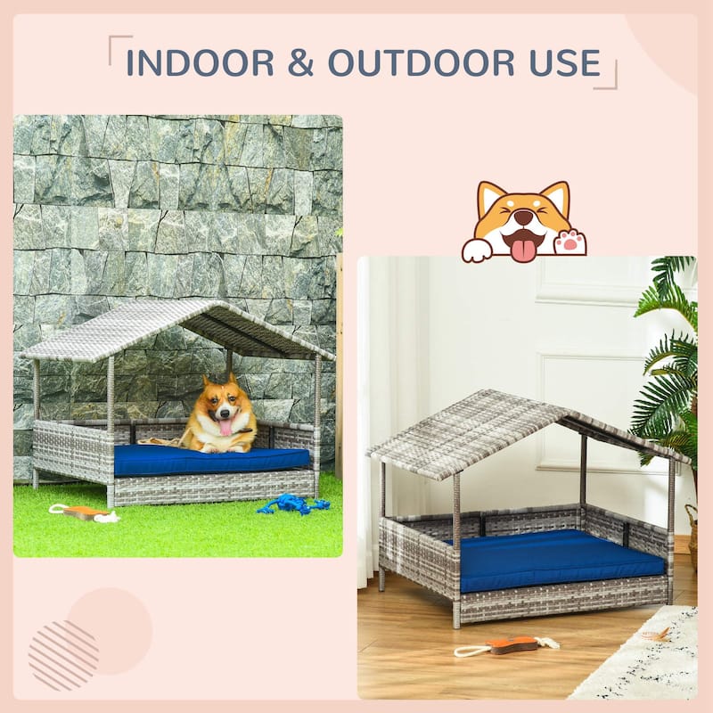 Wicker Dog House Outdoor with Canopy, Rattan Dog Bed with Water-resistant Cushion, for Small and Medium Dogs