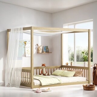 Minimalistic Style Full Size Wooden Canopy Frame Floor Bed with Fence and Guardrails, Natural