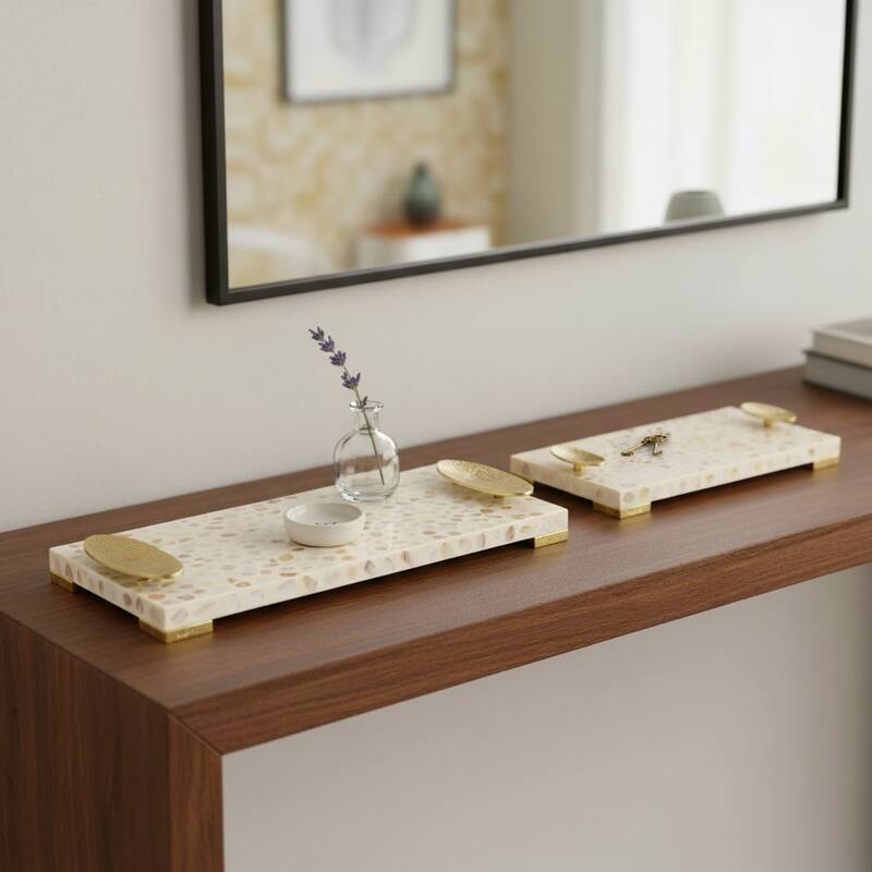 Rectangular Textured Tray with Metal Handles-Set of 2, 22", 18", White - 22.0"