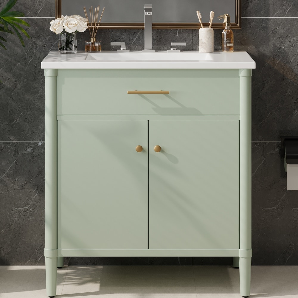 Bathroom Vanity with Ceramic Sink, Wooden Bathroom Storage Cabinet, Bathroom Cabinet with Soft Close Doors & Adjustable Shelf
