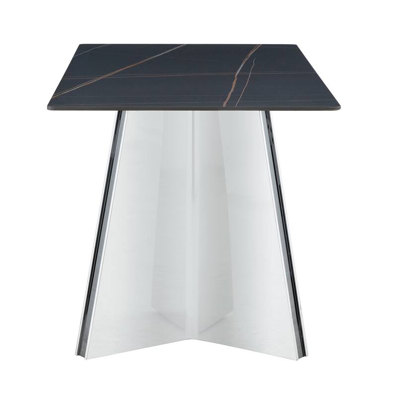 Marble-Patterned Slab Dining Table with Stainless Steel Butterfly Legs，designed to be scratch and heat resistant - Black,Silver
