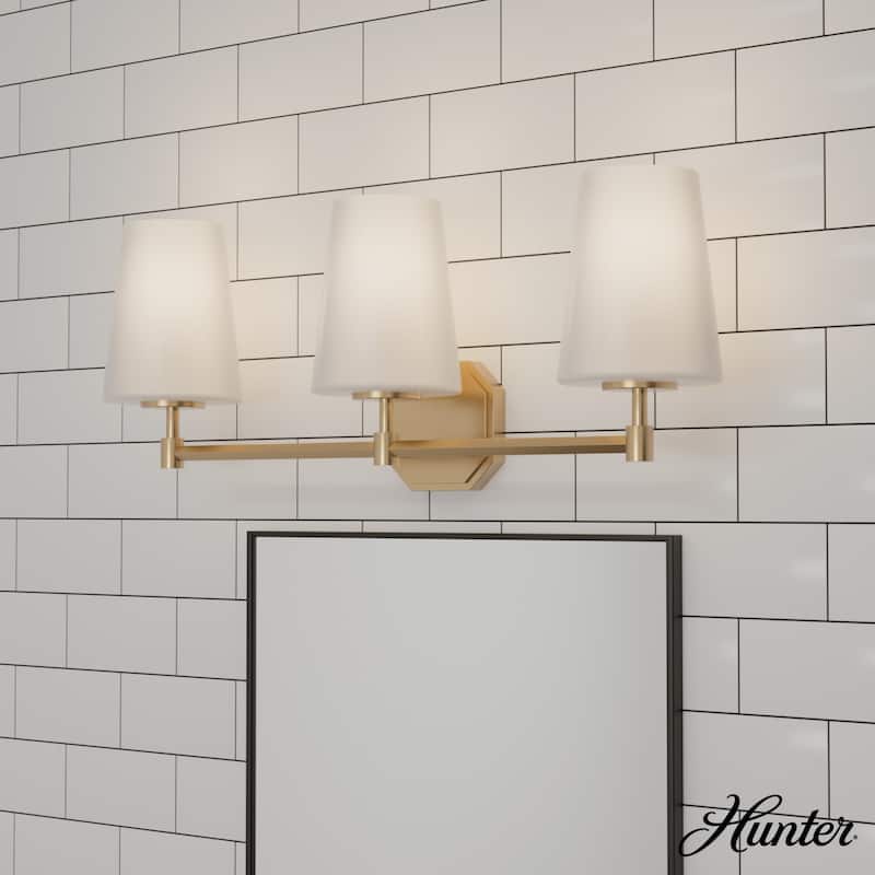Hunter Nolita Vanity Wall Light - Bathroom - Contemporary, Transitional - White Glass Shades - Damp Rated! - 24" - 3 Light - Alturas Gold