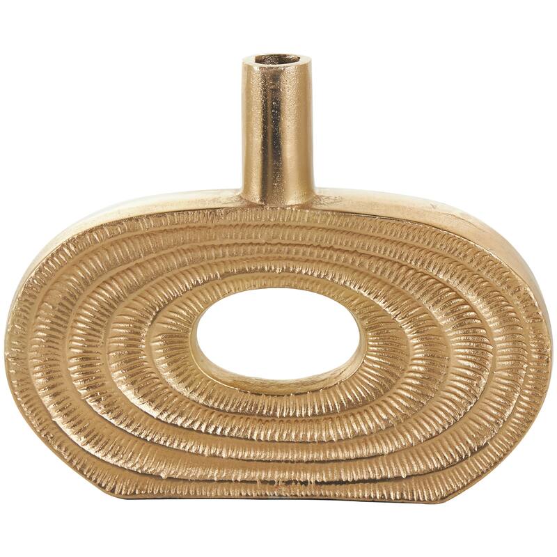 Gold Aluminum Metal Circular Geometric Vase with Linear Etchings