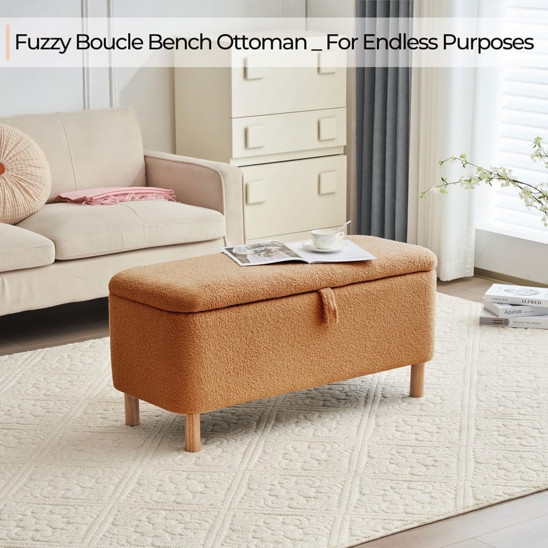 39.5" Off White Boucle Storage Ottoman Bench Sherpa Storage Bench Ottoman Foot Rest End of Bed for Living Room Bedroom,Wood Leg