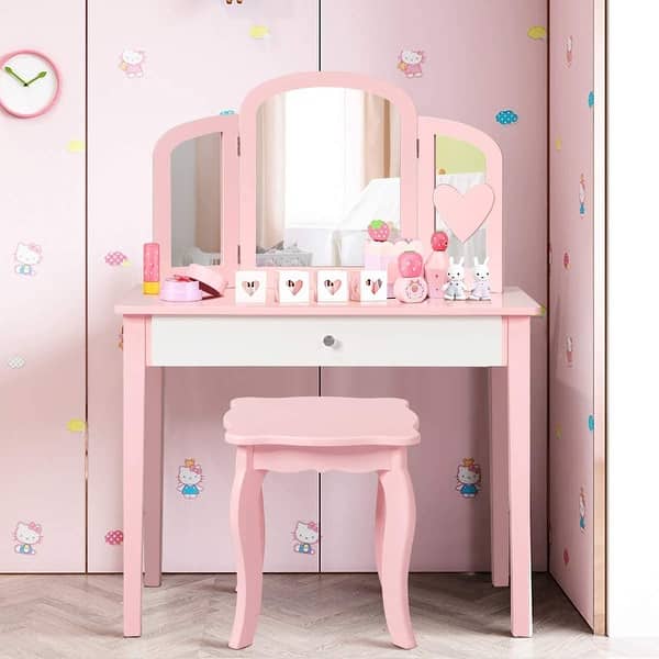 2-in-1 Princess Makeup Vanity Table With Stool - Wooden Dressing Table For Toddler Girls With Mirror
