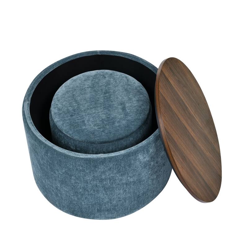 Roomfitters 2-Piece Round Chenille Storage Ottoman Set with Drum-Shaped Stool and MDF Top, Hidden Compartment