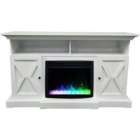Hanover 62-in. Whitby Farmhouse Electric Fireplace Heater with Deep Crystal Insert and Multi-Color Flame Display, White
