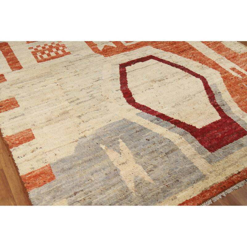 Moroccan Oriental Area Rug Hand-Knotted Beige Tribal Wool Carpet - 6'10" x 9'8"
