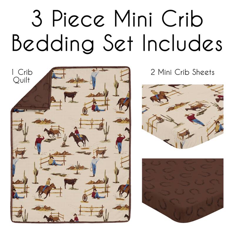 Sweet Jojo Designs Brown Western Cowboy Boy 3p Mini Crib Bedding Set Wild West Horseshoe Southern Charm Country Horse Cow Animal