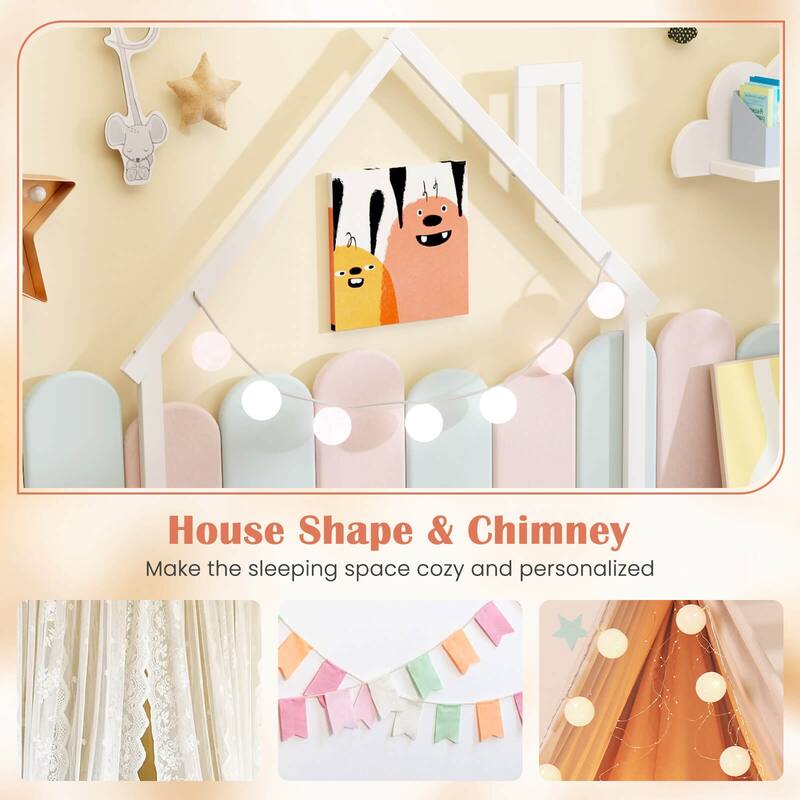 Costway Twin Size Floor Bed for Kids with Chimney Headboard & Handrail