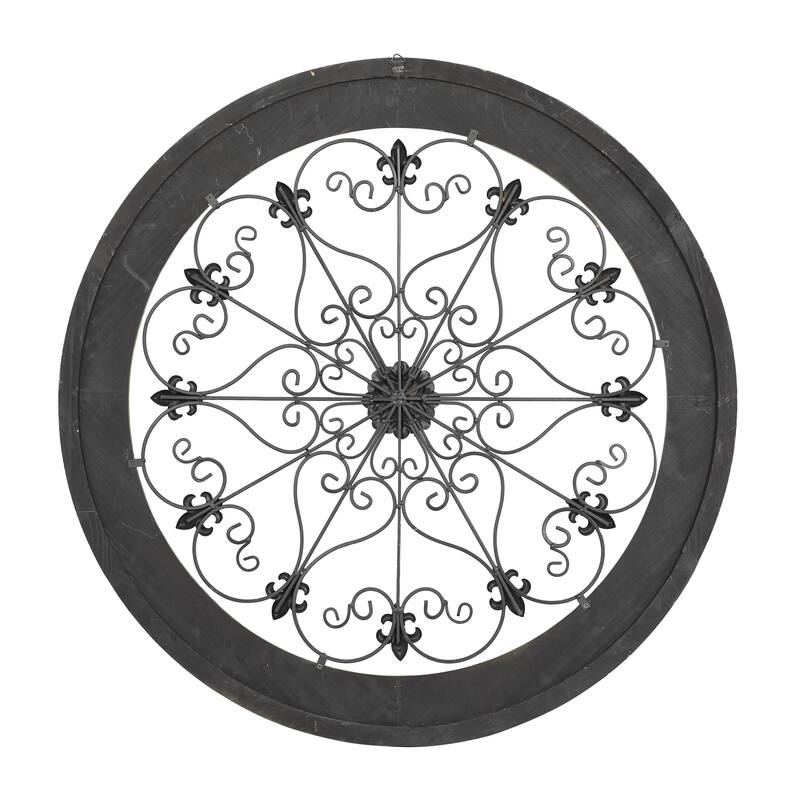 Wood Scroll Medallion Home Wall Decor with Metal Fleur-De-Lis Detail - Brown - Roche River Decor