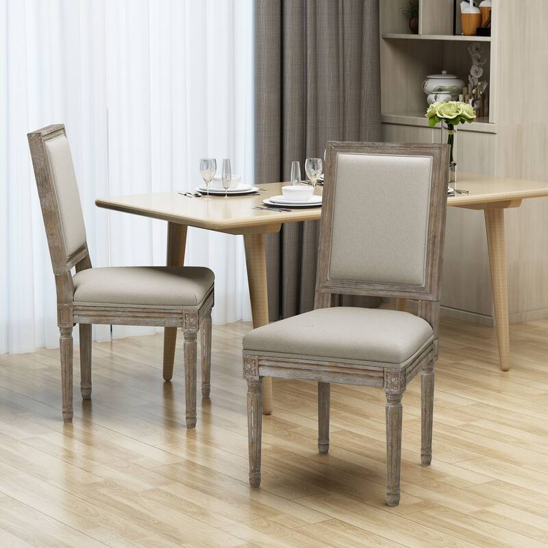 Traditional Style Dining Chairs with Weathered Wood Finish and Fabric Upholstered Seat, for Dining Rooms, Set of 2