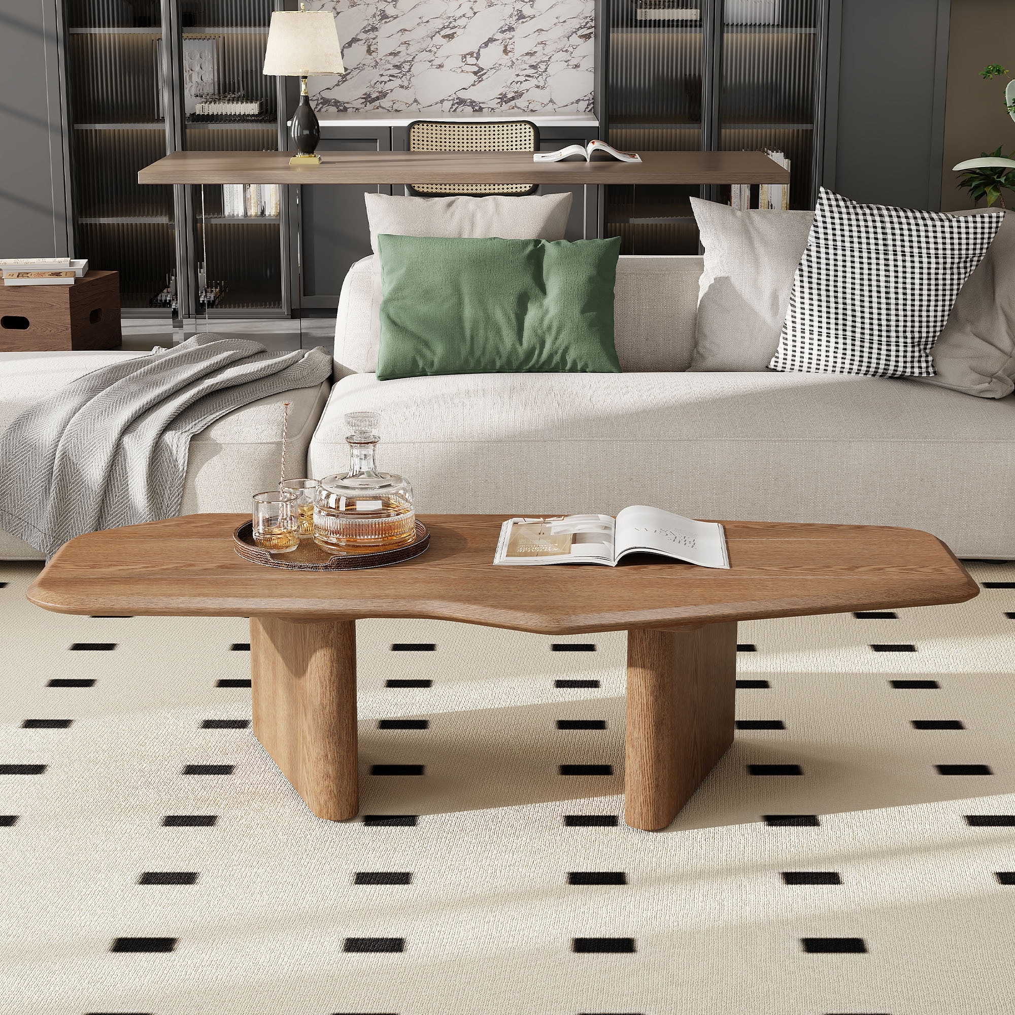 Low Height Profile Coffee Table Irregular Rectangular Center Table with Walnut Stained Ash Veneer Wood Grain for Small Space