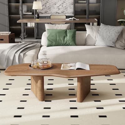 Low Height Profile Coffee Table Irregular Rectangular Center Table with Walnut Stained Ash Veneer Wood Grain for Small Space
