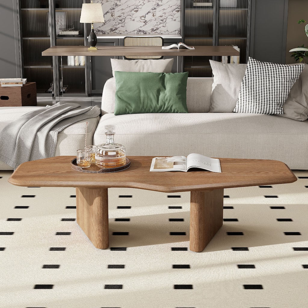 Low Height Profile Coffee Table Irregular Rectangular Center Table with Walnut Stained Ash Veneer Wood Grain for Small Space