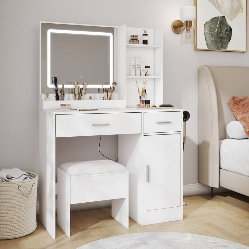 Makeup Vanity Set, Vanity Desk with Stool, LED Light Mirror and Charging Station - White