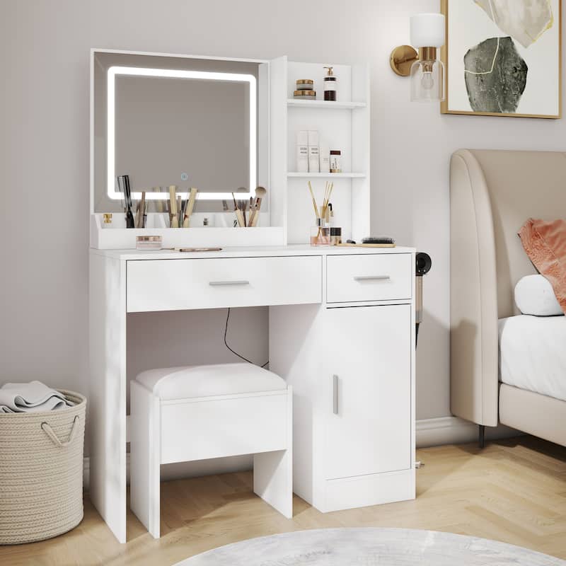 Roundhill Furniture Lavin Makeup Vanity Set, LED Light Mirror and Charging Station