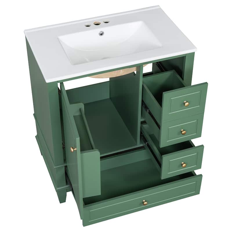 30" Bathroom Vanity With Sink, One Door With Shelf And Three Drawers, Soft Close Door