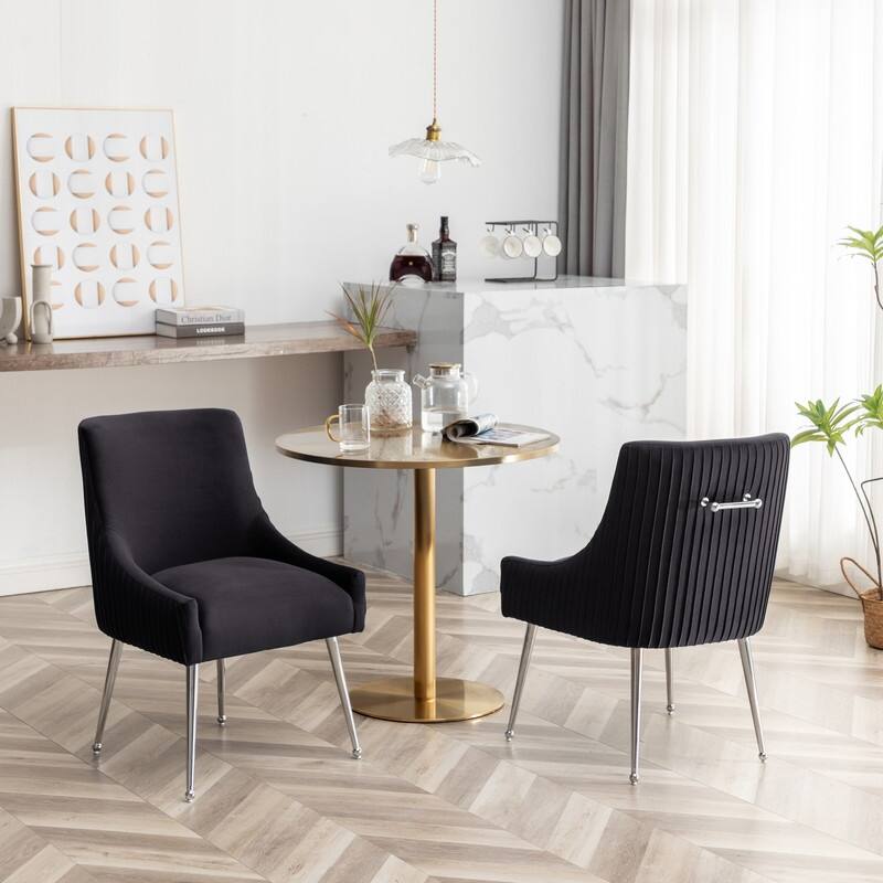 SEYNAR Modern Velvet Pleated Finish Back Dining Chair Set of 2 with Rear Handle - Black