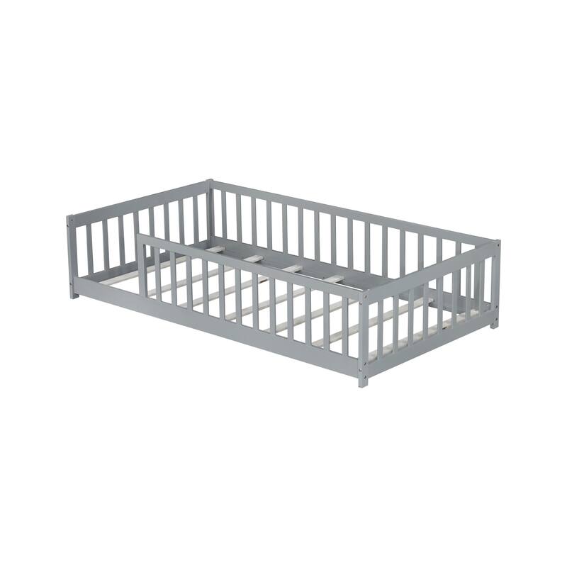 Roomfitters Twin Rubber Wood Floor Bed with Fence, Safety Guardrails, Low Profile Platform Design