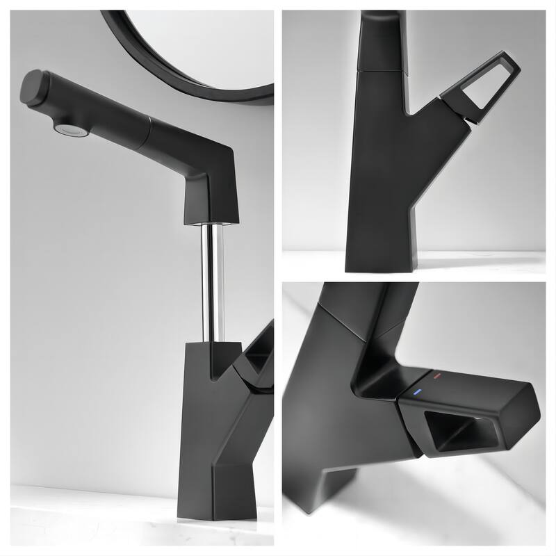 3-Way Swivel Bathroom Sink Pull Out Faucet Single Hole with Hand Spray in Black / Gold
