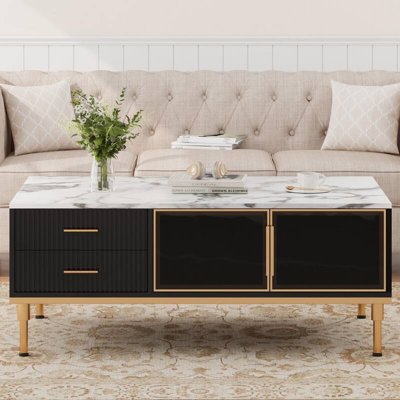 Minimalist Coffee Table with Faux Marble Surface, Glass Storage Doors - Black
