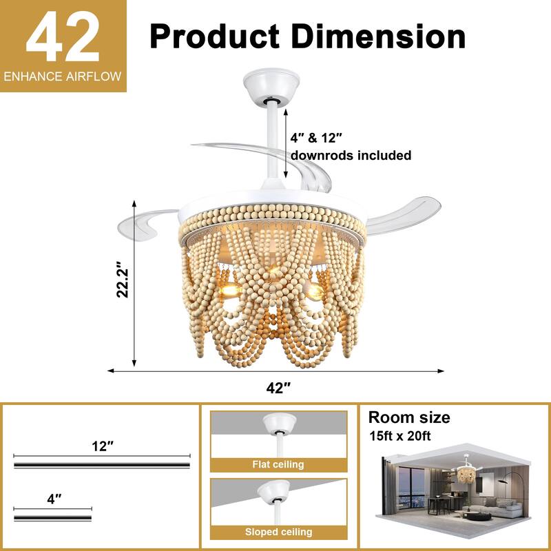 Cusp Barn 42" Retractable Ceiling Fan with Light, Farmhouse Wooden Bead Chandelier, Quiet DC Motor 6 Speeds Bohemian Ceiling Fan