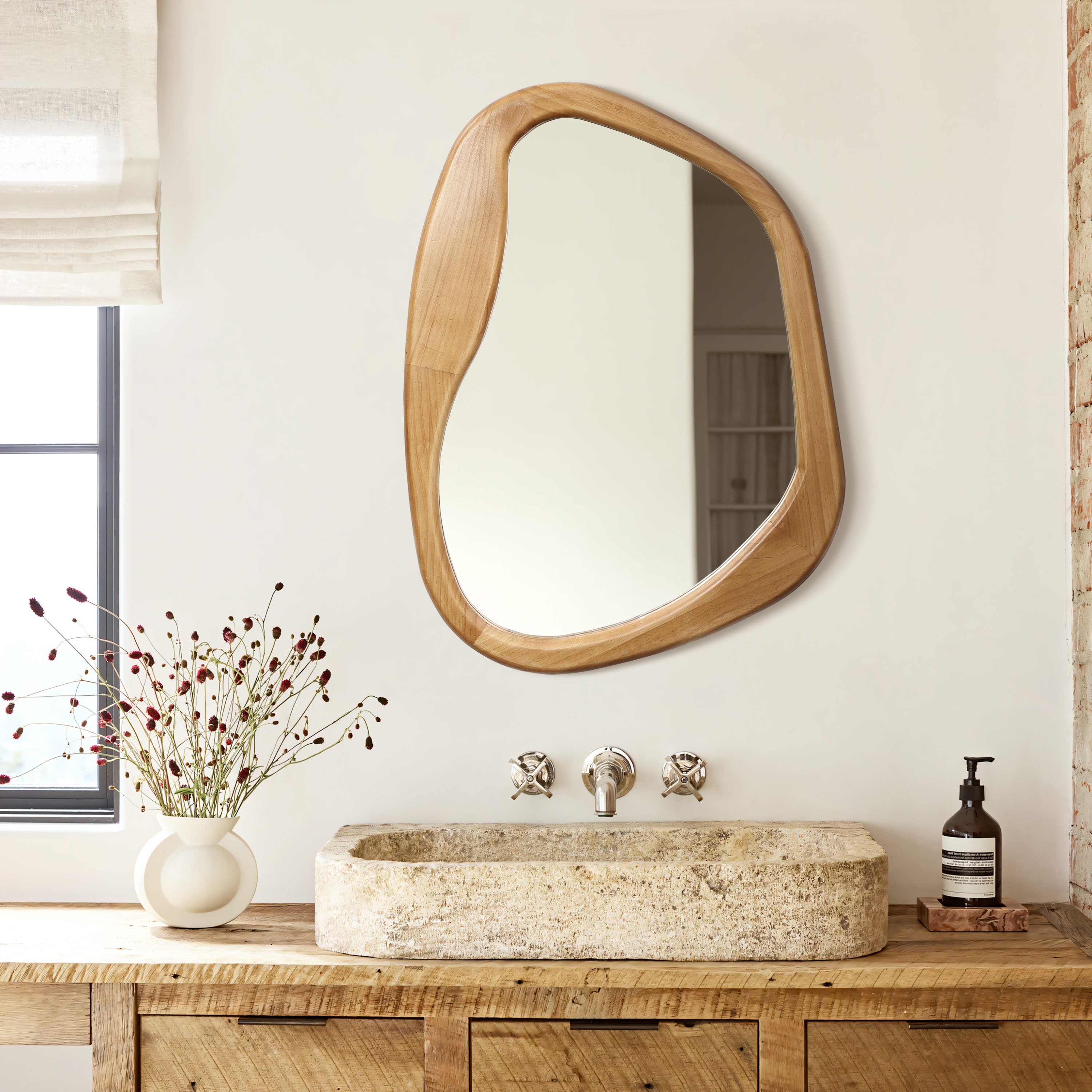 Natural Pine Wood Frame Oblong Wall Mirror Bathroom Wall Mirror 31.5 H x 23 W x 1.38 D