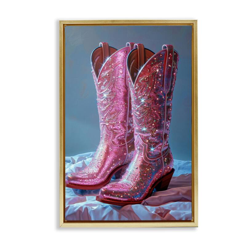 Stupell Dazzling Pink Glam Cowgirl Boots Framed Floater Canvas Wall Art Design By LSR Creative Studio - 17 x 25 - Gold