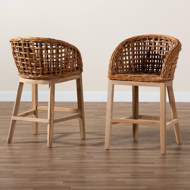 Mario Modern Bohemian Natural Brown Finished Teak Wood and Rattan 2-Piece Chair/ Stool Set