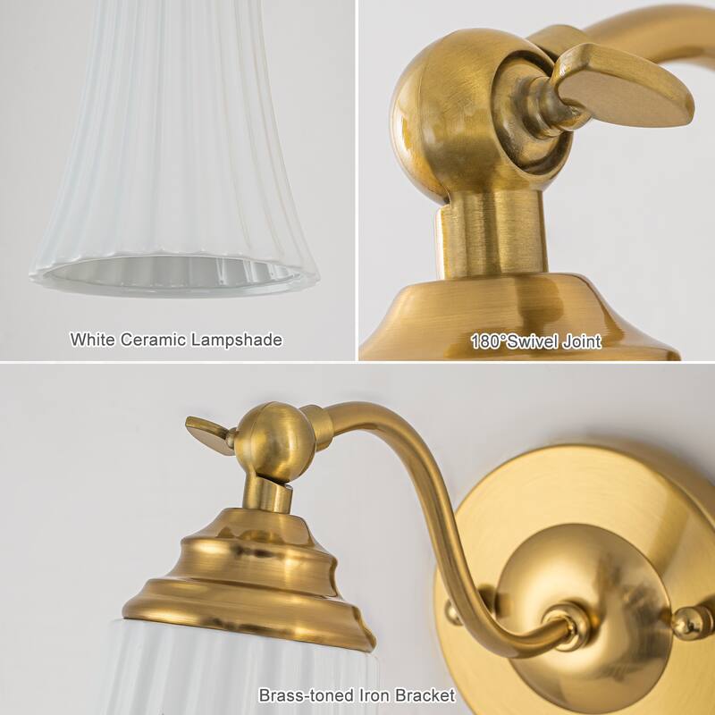Modern Gold Wall Sconce with Fluted Ceramic Bell Shade Bathroom