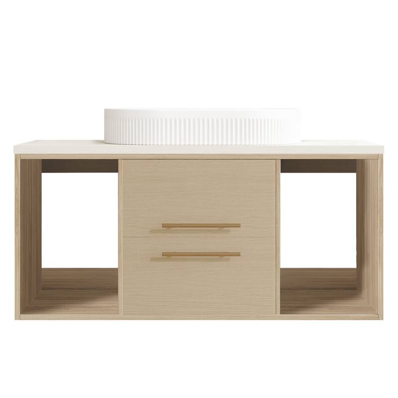 GDFStudio - Modern 39.3" Wall-Mounted Bathroom Vanity with Oval Ceramic Sink, Soft-Close Drawers & Open Shelf Storage