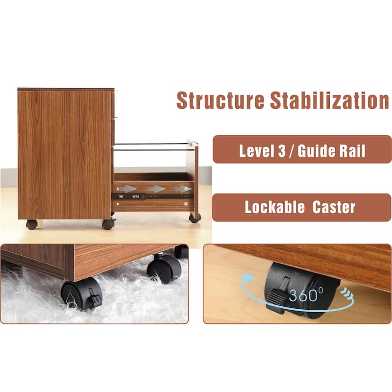 JJS 3 Drawer Rolling File Cabinet Wooden Storage with Lock & Wheels