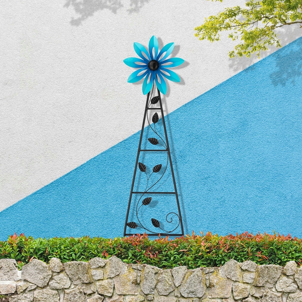 Glitzhome 44"H Glossy Painted Metal Yellow//Blue/Orange/Red Flower Wind Spinner Yard Stake