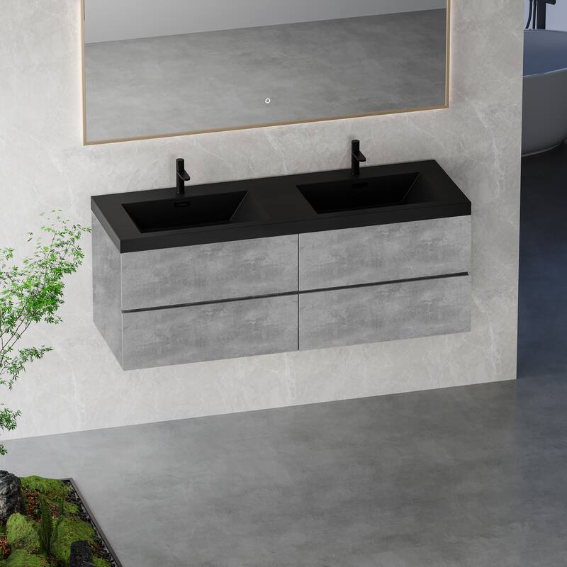 Modern Wall-Mounted Bathroom Vanity in Gray with Black Quartz Sand Top