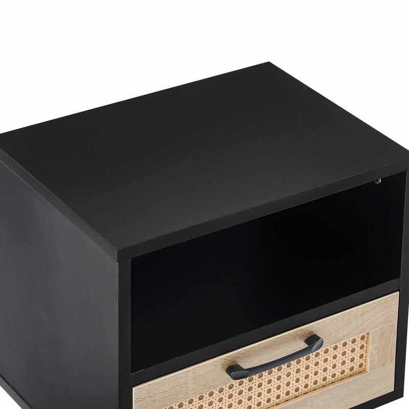Rattan Nightstand with Drawer, Solid Wood Legs, 16"" Side Table