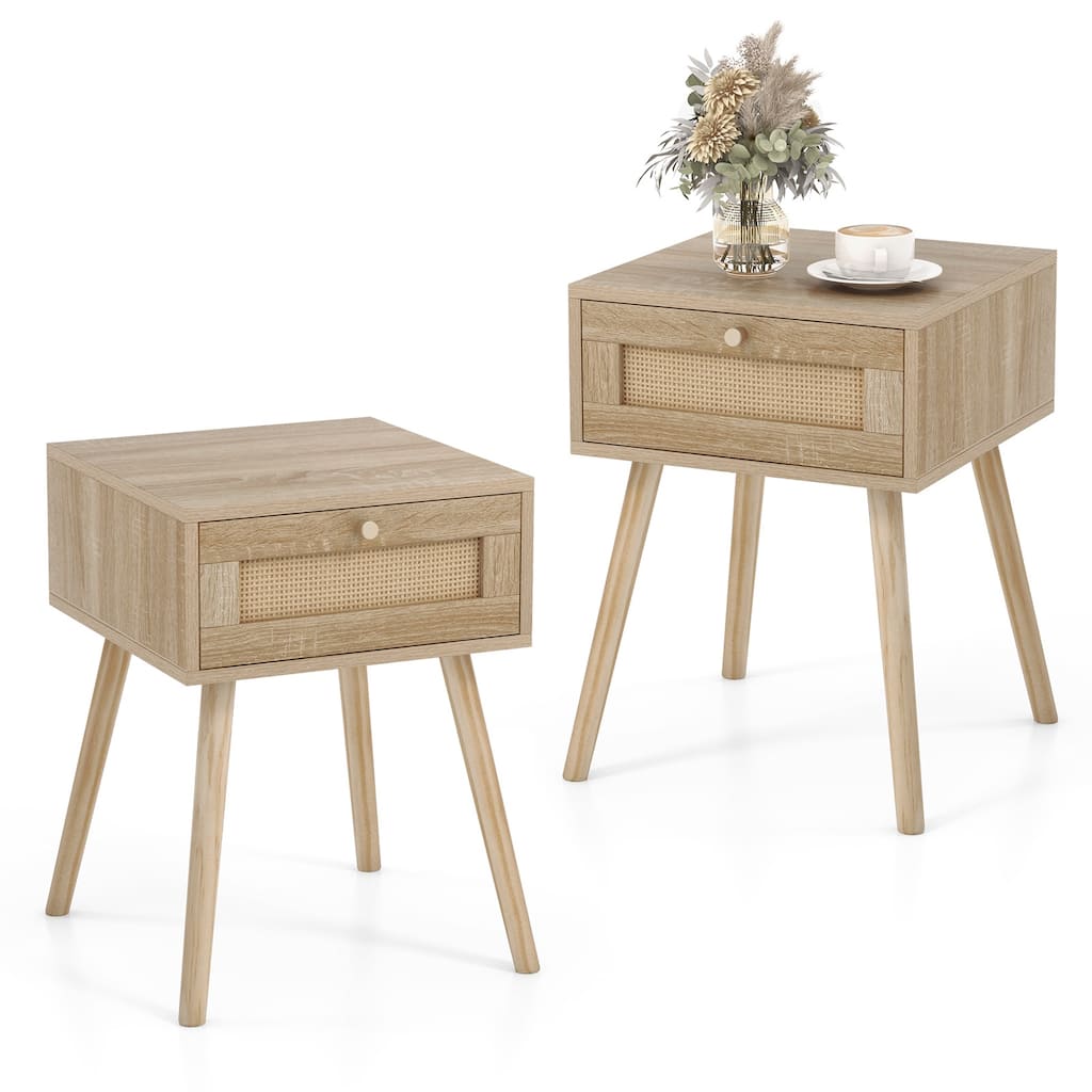 Set of 2 Natural Boho Nightstand with Rattan Drawer and Solid Wood Legs for Bedroom