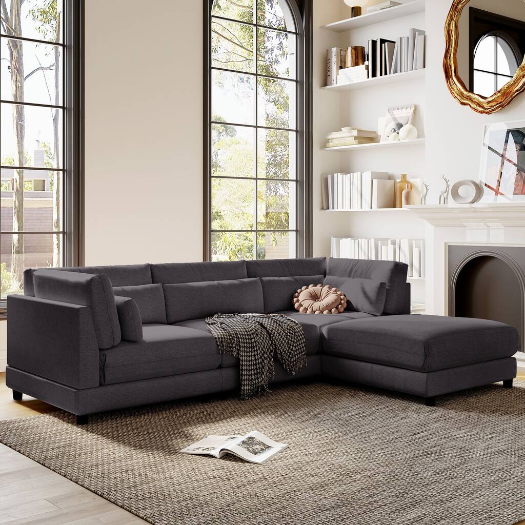 Polyester Upholstered Sectional Sofa with Ottoman, Sturdy Solid Wood Frame, Cushion Backres, Durable Feet, Square Armrests