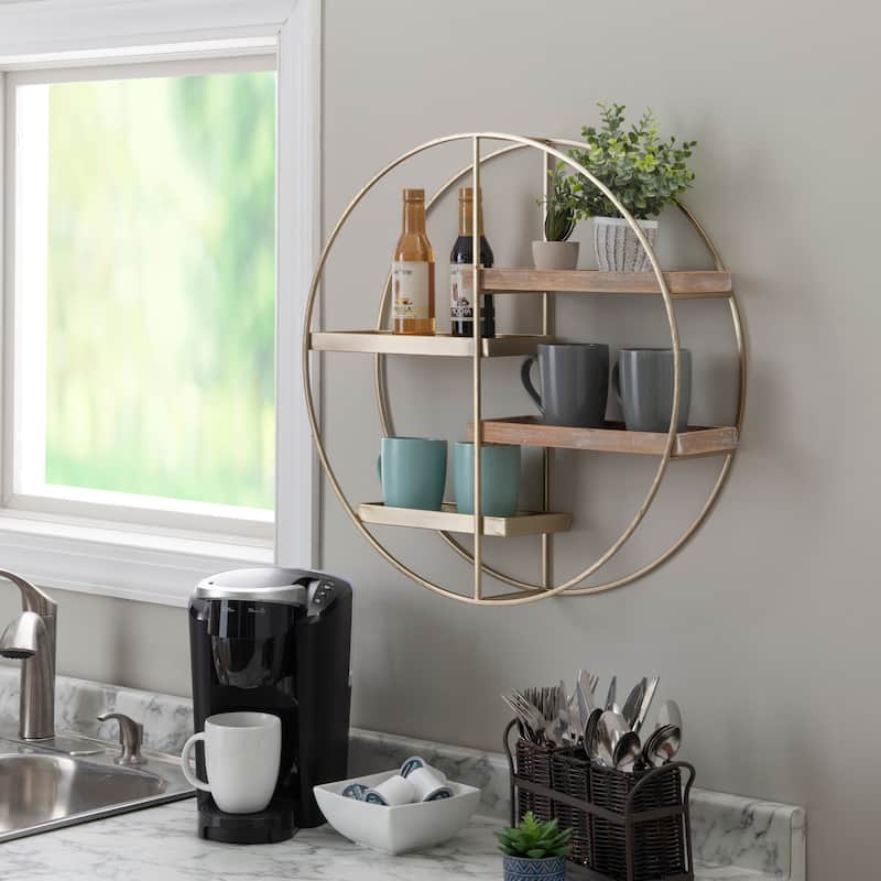 Montfort Round Modern Metal and Wood 4-tier Hanging Wall Shelf - Gold